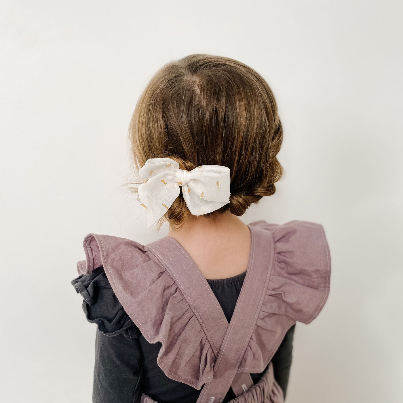girls white chiffon with gold hair bow clip