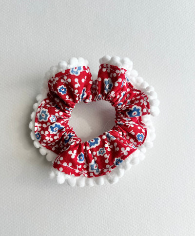 Scrunchie- Red Floral with White Pompoms