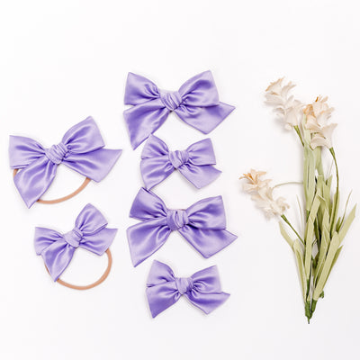 lavender satin hair bow in regular or mini size
