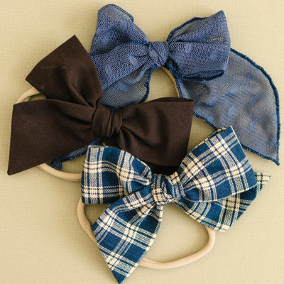 set of blue and brown hair bows for girls